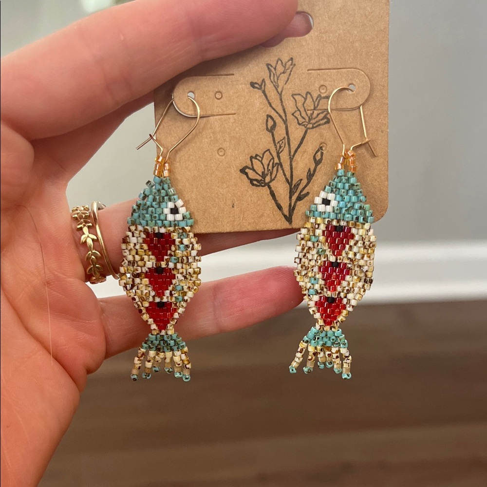 Handcrafted Beaded Fish Earrings - Multicolor - Picture 2 of 3
